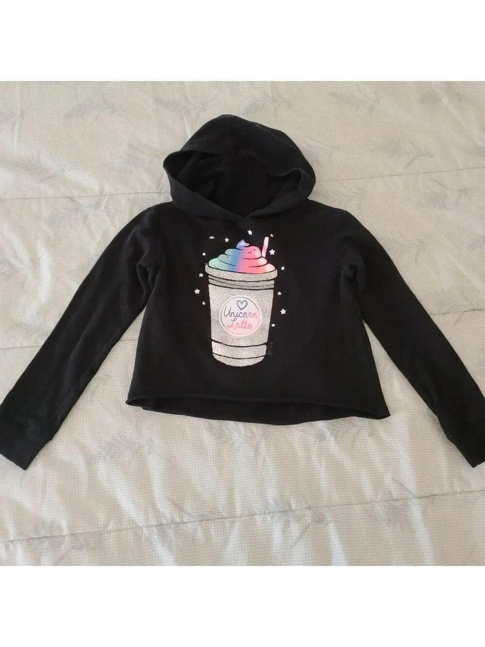 EUC Girls 8 Justice Cropped Hoodie Black Sparkle Logo Unicorn Latte